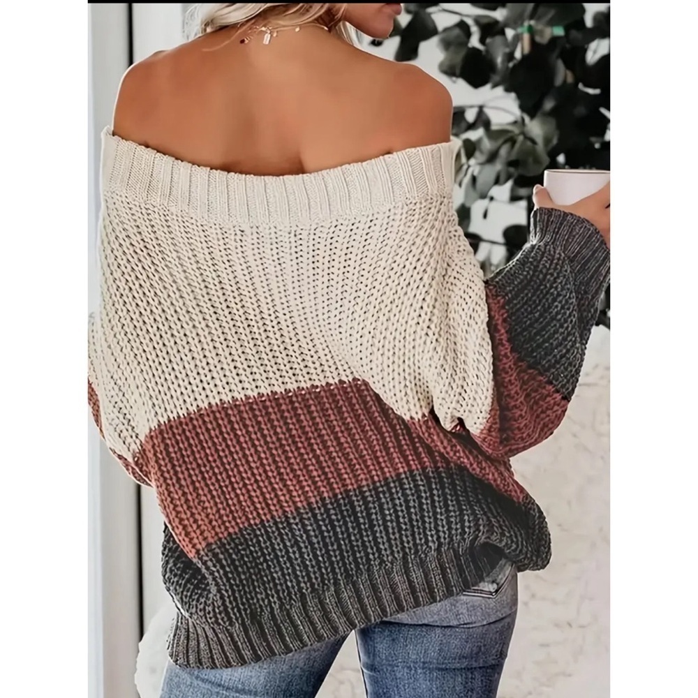 LAST 1! Gorgeous Off Shoulder Oversized Color Block Knit Sweater! - Picture 5 of 8